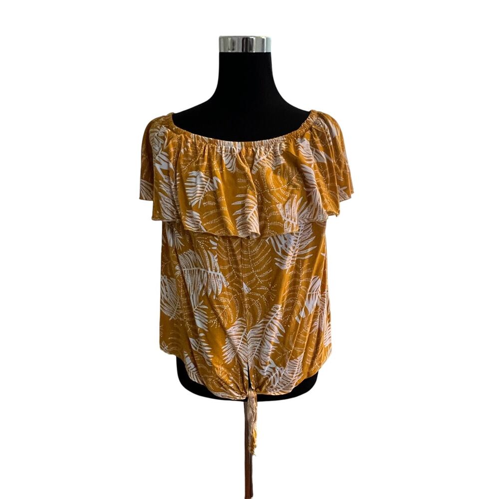 Miss Lili Mustard Yellow Leaf Print Off Shoulder Ruffle Blouse 1X